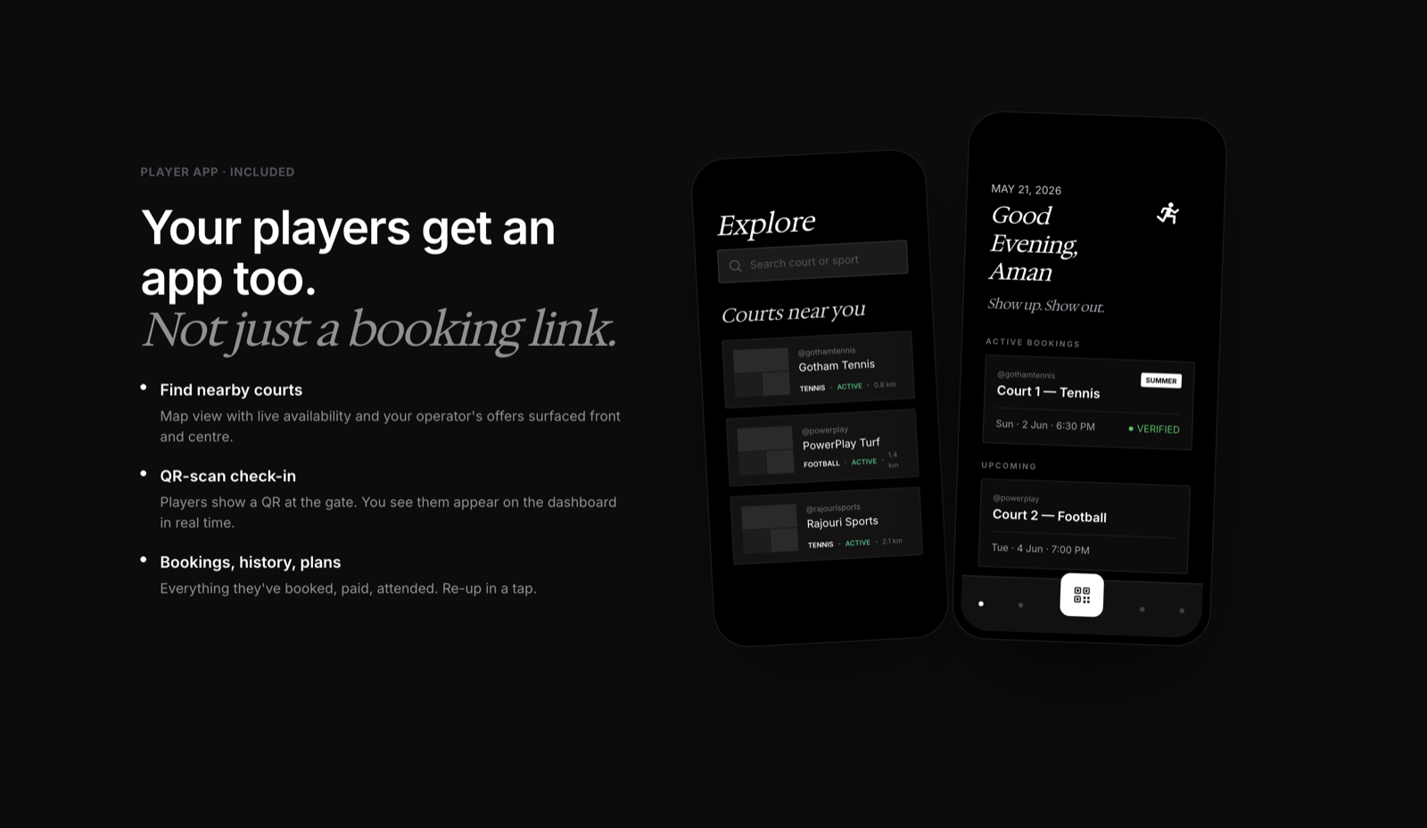 The Rembo player app — find nearby courts, QR-scan check-in, and booking history