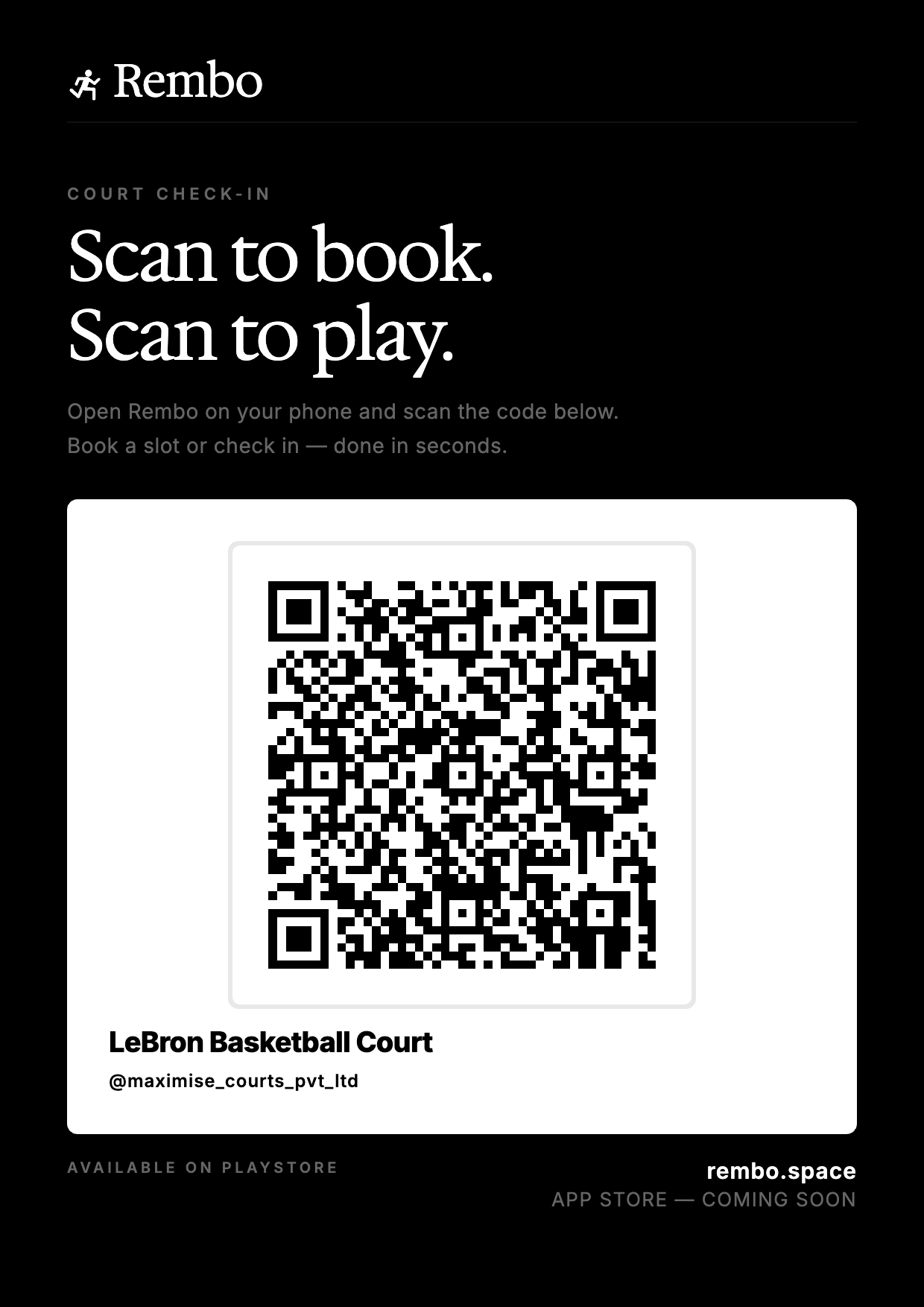 The A4 court check-in sheet — scan to book, scan to play